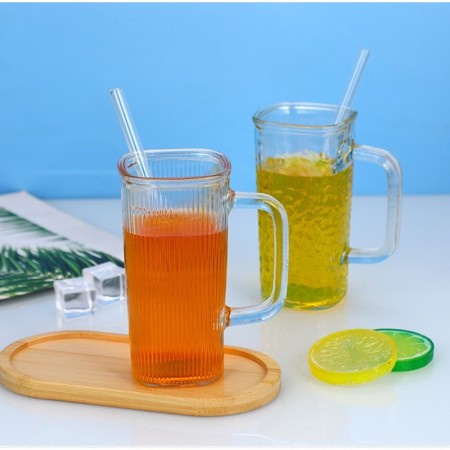 Pahar pentru Racoritoare, Flippy, din Sticla, 330 ml, cu Pai si Maner, Model Clear Dungi Verticale, Transparent