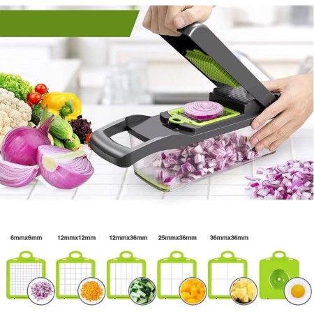 Feliator Multifunctional, Flippy, Razatoare, 8 in 1, pentru Fructe si Legume, 10 Piese, Lame de Inox, Recipient Stocare, Separator Oua, Protectie Mana, ABS, 32.2x11.3 cm, Verde/Gri