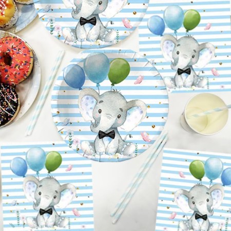 Set 10 Farfurii Unica Folosinta, Flippy, Imprimeu Elefant, din Carton, 22 cm, Albastru