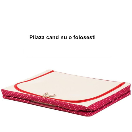 Cutie de Depozitare Pliabilă Premium, 100L, Textil Durabil, Cadru Metalic, Fermoar Rezistent, Fereastră Frontală, Imprimeu Punctat, 60x42x40 cm, Roșu