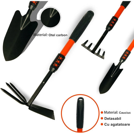 Set 4 Unelte de Grădină cu Mâner Extensibil, Oțel Carbon, pentru Plantare și Îngrijire Sol, Negru