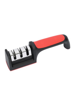 Dispozitiv pentru ascutit cutite Flippy, cu 3 pozitii, rosu/negru, material inox si ABS, 21.5x5x6 cm