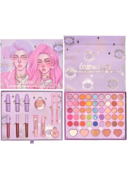 Set 13 piese cosmetice Kevin&Coco, 6 Lip Gloss, 2 Gloss drip, Ceara sprancene, Crema blus, Creion , paleta farduri 50 culori nuante rose/nude/maro, cutie patrata, multicolor