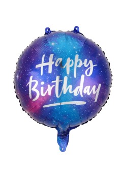 Balon din Folie Metalizata, Flippy, Mini Figurina Rotunda, Model Cer Instelat, Happy Birthday, Tematica Aniversare, 45 cm, Ambalaj Individual, Pai Inclus, Umflare cu Aer sau Heliu, Multicolor
