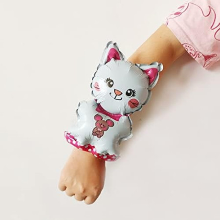 Balon din Folie Metalizata, Flippy, Figurine Animalute, Tip Bratara, Model Pisica, 13 x 35 cm, Ambalaj Individual, Pai Inclus, Umflare cu Aer sau Heliu, Alb