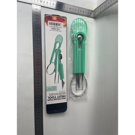 Ustensila bucatarie 4 in 1 pentru taiat si decorat fructe Flippy, material inox si plastic, compact, 28x6.2 cm, verde