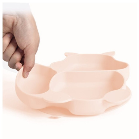 Accesorii diversificare bebelusi 10 piese din silicon, farfurie si bol cu ventuza, baveta, cana gustari, tacamuri lemn-silicon, roz pal