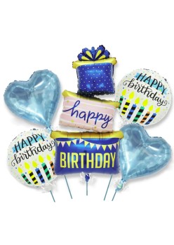 Baloane pentru aniversare, Flippy, tematica Happy Birthday, set 5 baloane, 1 Cadouri, 2 inimi, 2 rotunde, din folie de aluminiu, pai de carton inclus, 60 x 124 cm Albastru