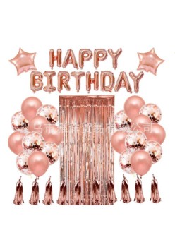 Set 47 baloane, 10 ciucuri, 2 baloane stea folie, 6 baloane latex confetti, 6 baloane galbene latex, 8 baloane negre latex, 1 Perdea Praty Folie, Litere Happy Birthday, Rose