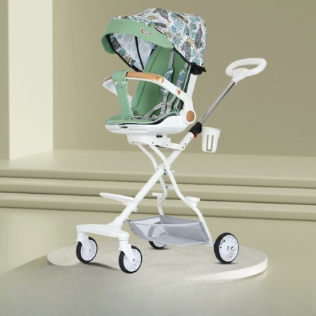 Cărucior Sport 3 în 1, Reversibil, Pliabil, Poziție Somn, Tavă Masă, Roti 360°, Suport Pahar, Copertină Soare, Verde Frunze, 6-36 Luni