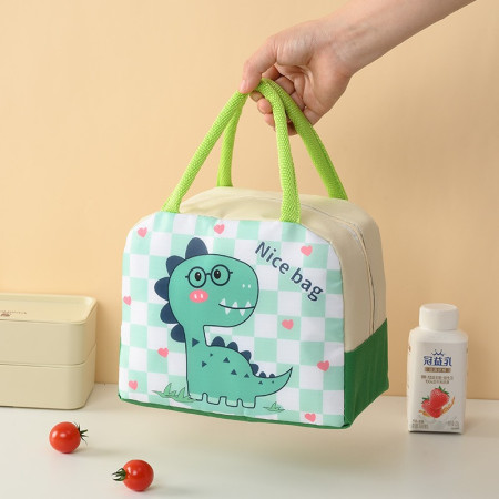 Geanta Termoizolanta pentru Copii, Flippy, 23x13x19 cm, Model Imprimeu Dinozaur, din Folie de Aluminiu si Panza Oxford, Verde