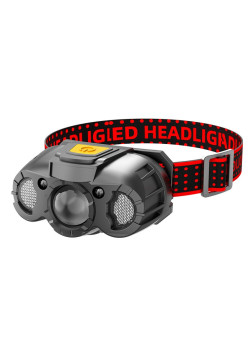 Lanterna LED de Cap, Flippy, cu Suport Inclus, Incarcare USB Tip C, Raza 100-200m, 5W, 6 Trepte de Lumina, 400 mAh, Gri