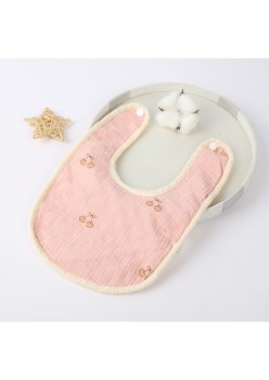 Baveta din Bumbac pentru Copii, Flippy, 0-12 Luni, 21x30 cm, Rezistenta la Apa, cu Capse, Model cu Cirese, Roz