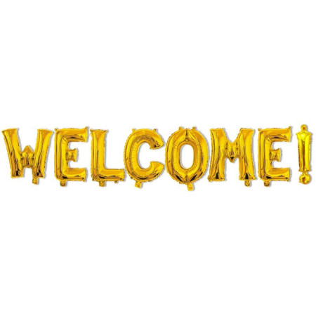 Set Baloane din Folie Metalizata, Flippy, Model WELCOME!, Litere de 40 cm, Baloane Party, Ambalaj Individual, Pai Inclus, Umflare cu Aer sau Heliu, Auriu
