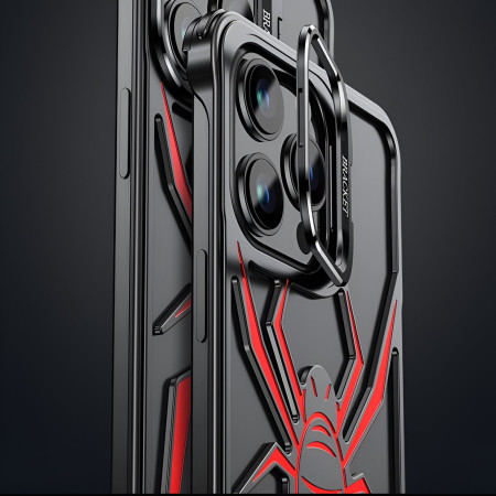 Husa de Protectie Compatibila iPhone 15 Pro, cu Suport Metalic pentru Camera, Armor Protective Series, Flippy, Antisoc, Protectie de Metal pe Margini, Model Paianjen, Negru Rosu