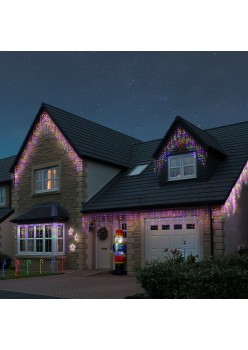 Instalatie Craciun Tip Franjuri/Turturi, 8 Jocuri de Lumini, Interconectabila, 12 m, 300 LED-uri, Prelungitor 1.5 m, Fir transparent, Multicolor
