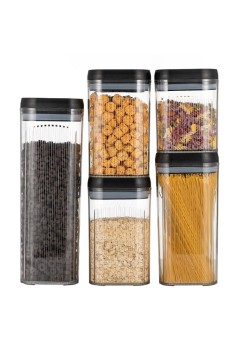 Cutii de Depozitare Alimente, Flippy, Set din 5 Cutii de tip Container, Recipiente pentru Cereale in Bucatarie,  Transparente cu Capac Negru