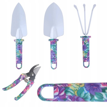 Set 5 Accesorii Grădinărit cu Geantă Textilă, Oțel Inoxidabil, Foarfecă + Lopeți + Pulverizator, 38 x 29 cm, Mov