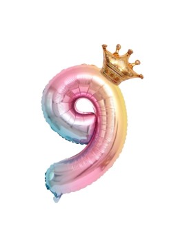 Balon din Folie Metalizata, Flippy, Figurina Cifra Gradient, Tema Aniversare 80 cm, Ambalaj Individual, Pai inclus, Umflare cu Aer sau Heliu, Coronita, Cifra 9