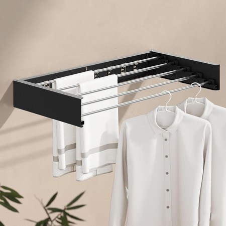 Suport Haine, Flippy, Depozitare si Uscare Rufe, din Aluminiu, Pliabil, Impermeabil, Montare prin Perforare, 80 cm, Negru