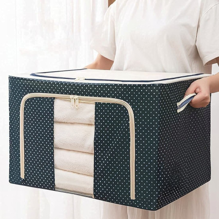 Cutie de Depozitare Pliabilă Premium, 100L, Țesătură Oxford Impermeabilă, Cadru Metalic, Fermoar Dublu, Fereastră Transparentă, Imprimeu cu Buline, 60x42x40 cm, Albastru Marin