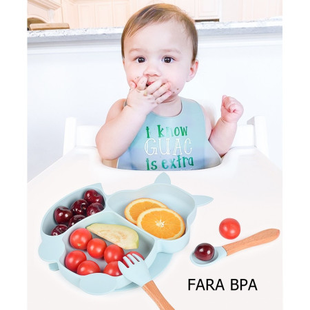 Accesorii diversificare bebelusi 10 piese, silicon alimentar, bol si farfurie cu ventuza, baveta, cana gustari, tacamuri lemn si silicon, baby blue