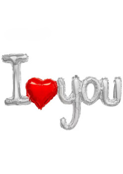 Balon din Folie Metalizata, Figurine Litere si Inima, Model I Love You, Tema Ziua Indragostitilor, 54x97 cm, Ambalaj Individual, Pai Inclus, Umflare cu Aer sau Heliu, Argintiu/Rosu