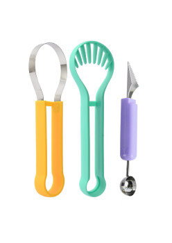 Ustensila bucatarie 4 in 1 pentru taiat si decorat fructe Flippy, material inox si plastic, compact, 28x6.2 cm, multicolor