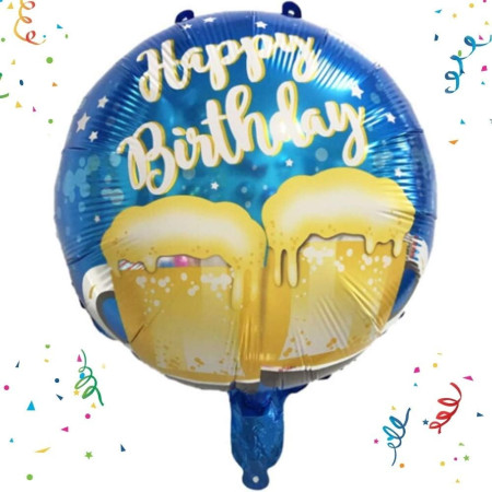 Balon din Folie Metalizata, Flippy, Mini Figurina Rotunda, Model Halbe de Bere, Happy Birthday, Tematica Aniversare, 45 cm, Ambalaj Individual, Pai Inclus, Umflare cu Aer sau Heliu, Albastru