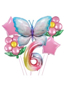 Set baloane aniversare cu numere, din folie de aluminiu, 6 piese, 2 flori, 2 stelute, 1 fluture, 1 cifra, Multicolor, Cifra 6