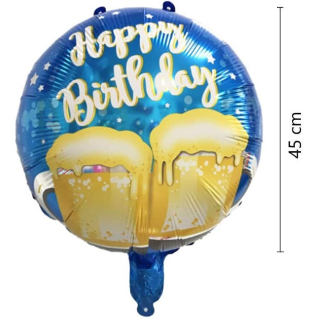 Balon din Folie Metalizata, Flippy, Mini Figurina Rotunda, Model Halbe de Bere, Happy Birthday, Tematica Aniversare, 45 cm, Ambalaj Individual, Pai Inclus, Umflare cu Aer sau Heliu, Albastru