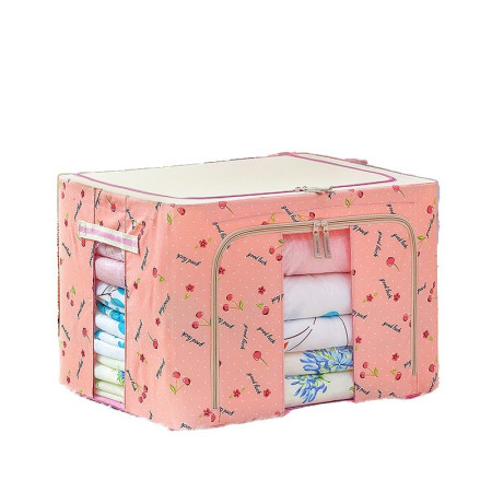 Cutie de Depozitare Pliabilă, 66L, Pânză Oxford, Cadru Metalic, Bază Stabilă, Fermoar Bidirecțional, Două Ferestre de Vizualizare, Imprimeu Cireșe, 50x40x33 cm, Roz