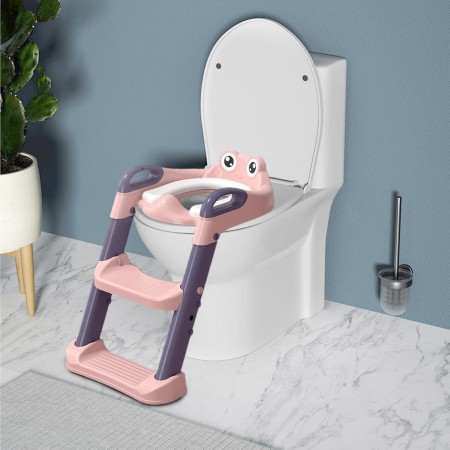 Reductor WC Copii cu Scaunel Inaltator, 1-7 Ani, Colac Moale, 2 Trepte Reglabile, Pliabil, cu Spatar si Manere, Roz-Mov