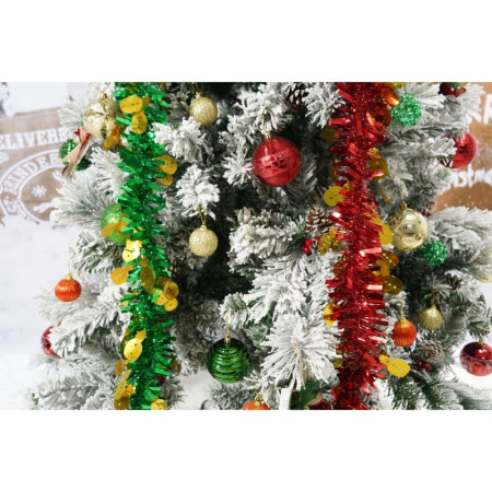 Set brad artificial de Craciun si elemente decorative, nins, decorat cu conuri pin, pentru interior/exterior, inaltime 210 cm, diametru 131 cm, 630 ramuri, Flippy, alb/verde, suport metalic inclus