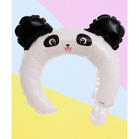 Balon din Folie Metalizata, Flippy, Tip Coronita cu Urechi, Model Panda, Ambalaj Individual, Pai Inclus, Umflare cu Aer sau Heliu, 27 x 28 cm, Alb/Negru