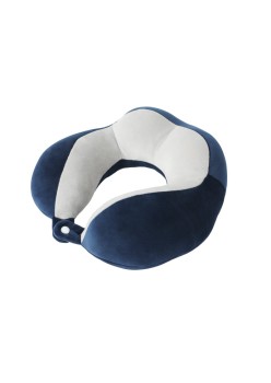Pernă de Voiaj pentru Gât, Bumbac Moale, Suport Ergonomic cu 4 Zone de Confort, Sistem de Prindere cu Capse, Ideală pentru Călătorii, Birou, Mașină, Albastru