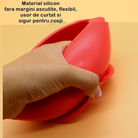 Accesorii diversificare copii 2 piese, bol silicon cu ventuza si lingurita lemn-silicon, fara alergeni, rosu
