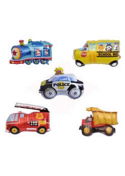 Set 5 Baloane Folie Metalizata, Flippy, Figurine Masini, 30 cm, Ambalaj Individual, Pai inclus, Umflare cu Aer sau Heliu, Multicolor