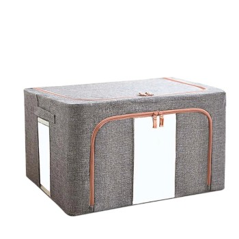 Cutie de Depozitare Pliabilă, 66L, Textil, Cadru Metalic, Bază Stabilă, Fermoar, Două Ferestre de Vizualizare, 50x40x33 cm, Gri