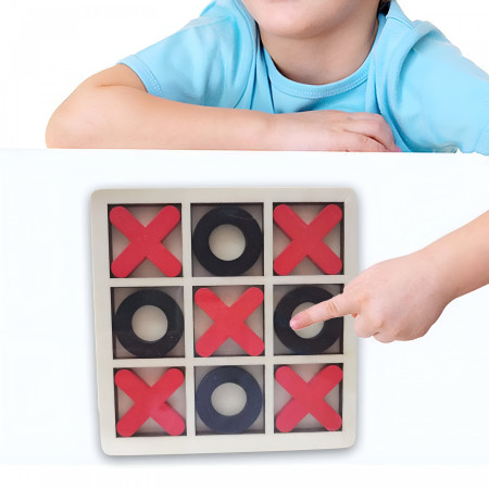 Jucarie Montessori Tic Tac Toe, Flippy, Educativa, Interactiva, din lemn, X si O, 9 Piese, 14.3x14.3 cm, Negru Rosu