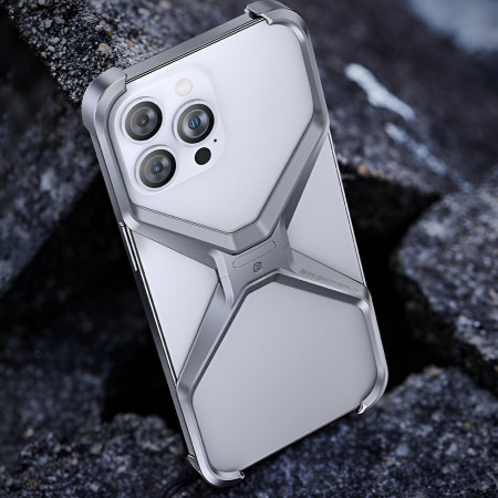 Husa Armor X Compatibila cu iPhone 15, Flippy, Aliaj de Aluminiu, Antisoc, Antizgarieturi, Impermeabila, Margini cu 2 Straturi, Aderent, Montare Usoara, Surubelnita Inclusa, Gri Metalizat