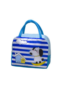 Geanta Termoizolanta pentru Copii, Flippy, 23x13x19 cm, Model Imprimeu Catel, din Folie de Aluminiu si Panza Oxford, Albastru/Alb