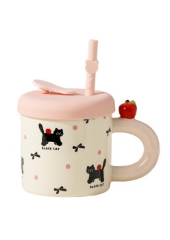 Cana din Ceramica cu Capac si Pai, Flippy, Capacul si Paiul din Silicon Roz, 9x8.5 cm, Model Cute C, Capacitate 380ml