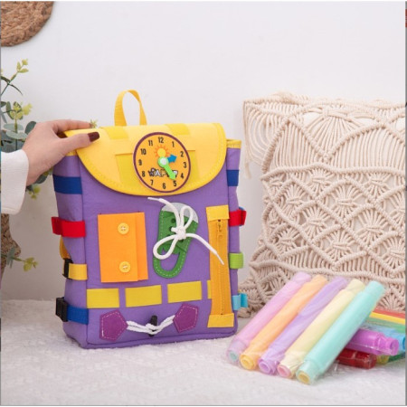 Ghiozdan Montessori, Flippy, pentru Copii 2-6 ani, Fidget Pop, cu Catarame si Fermoare, Jucarii Senzoriale, Activitate de Invatare prin Joc, Mov, 0.25 kg, 28x10x23 cm
