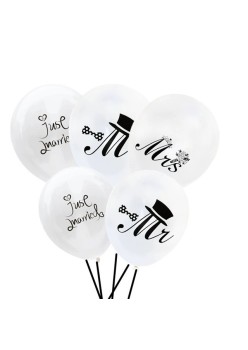 Set 10 Baloane din Latex, Flippy, Model Party Casatorie, Mr&Mrs Just Married, 2.8 g, 30 cm, Alb/Negru