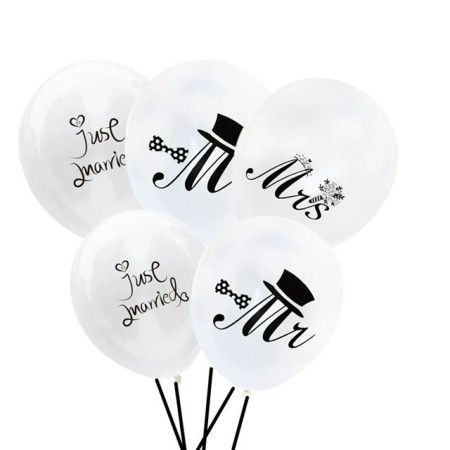 Set 10 Baloane din Latex, Flippy, Model Party Casatorie, Mr&Mrs Just Married, 2.8 g, 30 cm, Alb/Negru