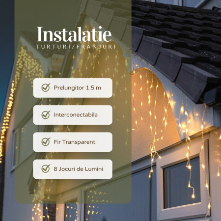Instalatie Craciun Tip Franjuri/Turturi, lungime 12 m, 300 LED-uri, Prelungitor 1.5 m, Conectare la Retea, Fir transparent, Alb Cald