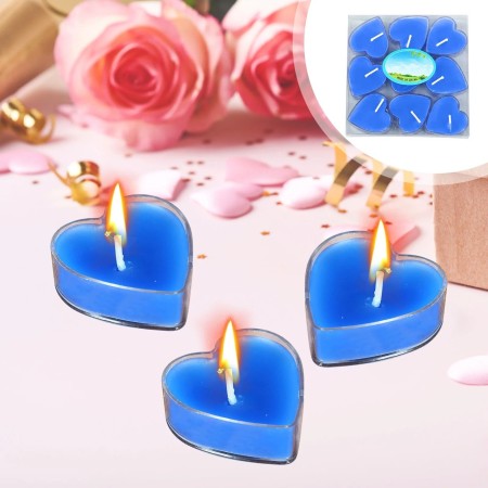 Set 9 Lumanari in Forma de Inima, Flippy, pentru Ziua Indragostitilor, Aroma Tropicala, Ardere 3.5 h, din Parafina, 4 x 2 cm, Albastru