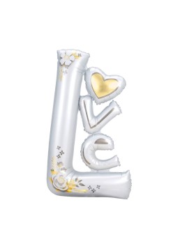 Balon din Folie Metalizata, Flippy, Figurine, Model LOVE, Tematica Iubire, 110x64 cm, Ambalaj Individual, Pai Inclus, Umflare cu Aer sau Heliu, Alb
