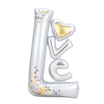 Balon din Folie Metalizata, Flippy, Figurine, Model LOVE, Tematica Iubire, 110x64 cm, Ambalaj Individual, Pai Inclus, Umflare cu Aer sau Heliu, Alb
